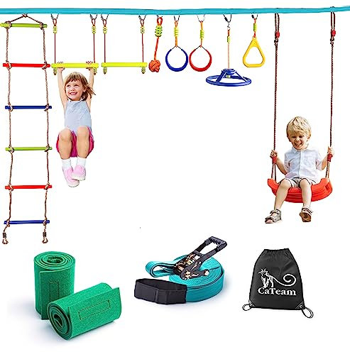 Ninja Slackline Trainingskurs – Hängendes Monkey Bar Set für Kinder mit 15 Meter Slackline, Schaukel, Leiter, Spinnerrad – Geschenkset mit tragbaren Trainingsgeräten für Kinder Turquoise
