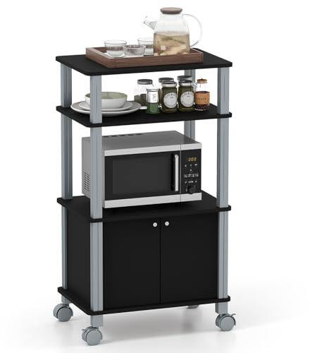 COSTWAY Desserte Micro-Onde à roulettes, Chariot de Cuisine，Meuble de Rangement 2 Niveaux d'étagères Ouvertes et d'Armoires, 60x39,5x92,85cm