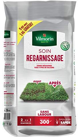Vilmorin - Soin Regarnissage Universel 2 en 1 - Semences de Gazon + Fortifiant Naturel - Rénovation Facile des gazons abîmés - pour Tous Types de gazons 5 kg Dont 1 kg Gratuit