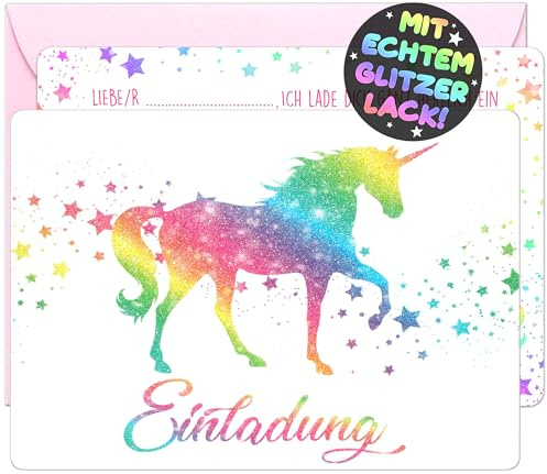 12x GLITZER Einhorn EINLADUNGSKARTEN KINDERGEBURTSTAG Mädchen Junge + 12x Umschläge - die Regenbogen PARTY Karten sind die Einhorn EINLADUNG für Mädchen Kinder GEBURTSTAG Einladung Pferde UNICORN