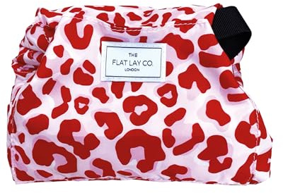The Flat Lay Co. Makeup Bag - Pink Leopard Travel Drawstring Makeup Bag with Brush Holder & Large Pockets - Cosmetics Organiser Storage for Eyeshadow, Blushes, Lipstick, & Brushes