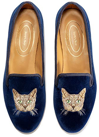 Journey West Women's Velvet Loafer Flat with Embroidery Smoking Slippers Slip on Shoes for Women Cat Navy Blue US 10