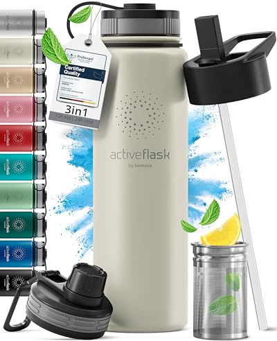 Trinkflasche Edelstahl ACTIVE FLASK + Strohhalm (3 Deckel) BPA-frei, Auslaufsicher, Kohlensäure geeignet - Wasserflasche Fahrrad Thermosflasche Isoliert Isolierflasche Sport Wasser Flasche Kinder Tee