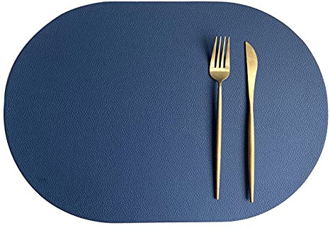 Oval Tischsets Abwischbar, Leder Kunstleder Platzset Zweifarbig Wasserdicht Platzdecken mit Untersetzer ür Hause Küche Restaurant (Blau/Grau,4 Stück)