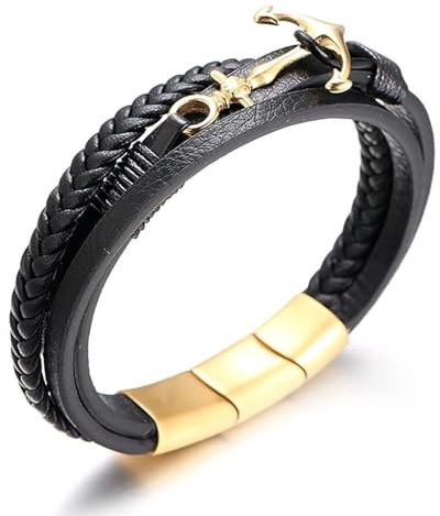 HALUKAKAH Ragazzo ●Vela Junior● Più Ragazzi Vera Pelle Treccia Fatta a Mano Ancora Braccialetto 13-16 Anni/a. Titanio Opaco Dorato Chiusura Magnetica Taglia Regolabile 18-19.5cm con Confezione Regalo