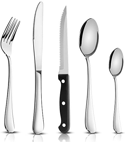 Joyfair 30-Piece Cutlery Set, 24 Piece Stainless Steel Cutlery Flatware Set with 6 Piece Steak Knives, Modern Silverware Included Knives Forks Spoons for Home Party, Mirror Finished & Dishwasher Safe