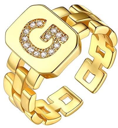 Bestyle Anillo Sello de Letra G Inicial Anillo Abierto con Zirconia Cúbica, Anillo Abierto Sello Cobre Tamaño Ajustable, Anillo de Sello Hombres Mujeres Dorado con Caja Regalo