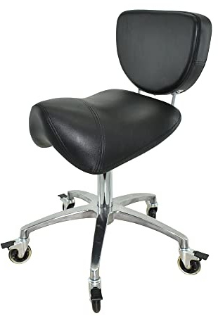VAKON SALON - Premium Sattelhocker schwarz mit Bremse und Lehne, Sattelstuhl für Rückenentlastung, Rollhocker höhenverstellbar von 50-65 cm, Praxishocker, Bürohocker