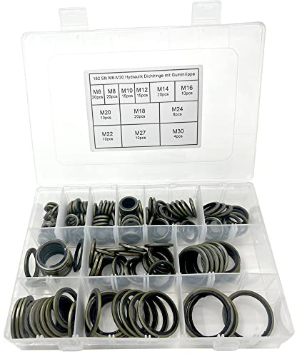 NICAVKIT 162 Stk Hydraulik Dichtringe mit Gummilippe, M6-M30 Ölablassschrauben Bonded Seals, Dichtungsringe Sortiment für Zentral-Hydraulik, Servolenkung, mit Aufbewahrungsbox