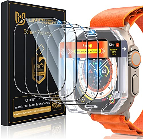 UniqueMe 4 Stück für Apple Watch Ultra 3/Ultra 2/Ultra Full Screen 9H Displayschutz - [Sicherer Halt] Langlebigste & Vollabdeckung - Blasenfrei, Kratzschutz und HD für Apple Watch 49mm Schutzfolie