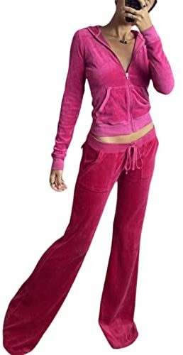 Conjunto de chándal de terciopelo para mujer, 2 unidades, estampado de corazón, manga larga, con capucha y cremallera corta y pantalones de chándal Y2K, Pink Pants #1, S