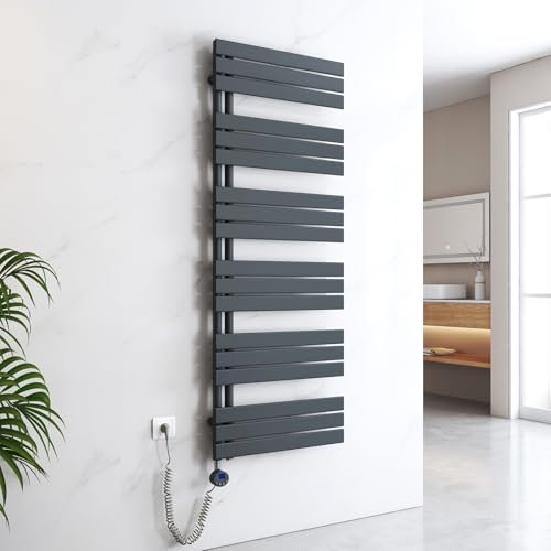EMKE Handtuchheizkörper Elektrisch 1599x600 mm, Badheizkörper Elektrisch mit Thermostat Elektrischer Handtuchwärmer Handtuchtrockner Handtuch Heizkörper Bad Handtuchhalter mit Heizstab Anthrazit 1000W