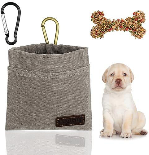 vsshe Sac à Friandise pour Chien Dressage, Imperméable Sac de Dressage pour Chien avec Mousqueton, à Fermeture Automatique Pochette de Dressage Mains Libres, pour l'éducation Canine Extérieur(Gris)