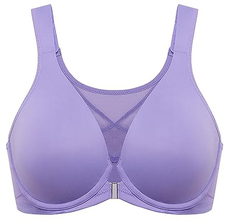 DELIMIRA dambehå med frontknäppning stora storlekar hållningskorrigering sömlös behå med bygel Tshirt djup urringning Vattenlilja Lila 90D