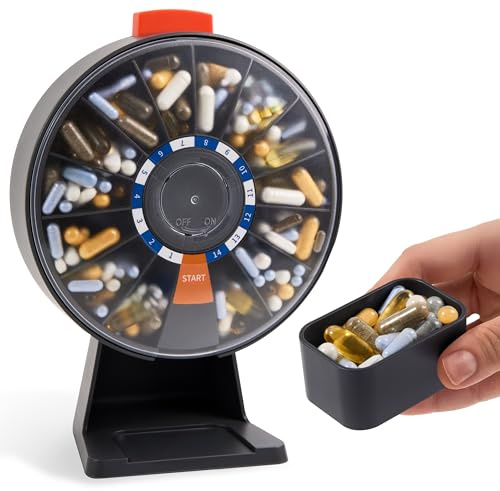 Pill Dispenser 14 Day – Rotating Medicine Organizer Wheel with Push Button, Wall Mounted or Desktop Manual Pill Dispenser for Elderly & Seniors, Large Capacity Vitamin & Medication Organizer