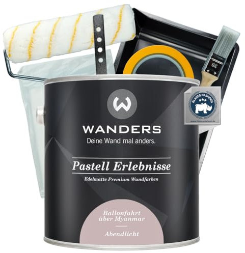 Wanders Pastell Erlebnisse Wandfarbe 2,5L (Abendlicht, Altrosa) inkl. Streichset Basic – Premium Kreidefarbe, Leichte Anwendung, Hochdeckend, Ultramatt, Perfekt für Heim-DIY