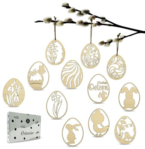 Birdart Box® 12x Ostereier zum Aufhängen – Osterdeko aus Holz, moderne Ostereier in premium Qualität 7cm (Holz Natur)