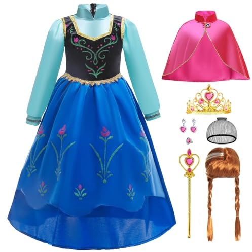 ZaisuiFun Disfraz de Princesa Anna Niñas Vestido Manga Larga con Capa y Peluca para Fiesta Cumpleaños Carnaval