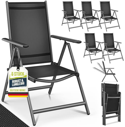tillvex® Gartenstuhl 6 Stück klappbar mit Armlehnen | 7-Fach Verstellbar | Hochlehner Klappstuhl aus Aluminium | Campingstuhl Klappbar, Wetterfest & Atmungsaktiv | Gartenstühle Balkon Garten Terrasse