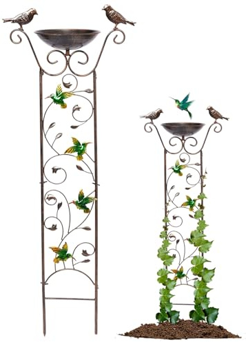 Bain d'oiseaux en treillis de jardin 2 en 1, mangeoire à oiseaux en métal amovible, distributeur d'eau autoportant rétro, mangeoire à oiseaux sur pied pour décorations de jardin extérieures, mangeoire
