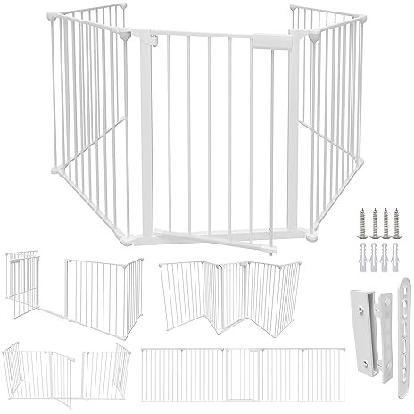 Daromigo Barrière de protection de cheminée, avec porte, 310 cm, en métal, pour la sécurité des enfants, 5 éléments (66 x 75 cm chacun), blanche