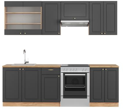 Vicco Küchenzeile Fame-Line, Anthrazit Landhaus/Goldkraft Eiche, 240 cm, AP Eiche, zur individuellen Erweiterung mit passenden Zusatzmodulen