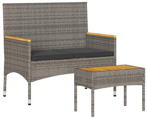 vidaXL Panca da Giardino a 2 Posti Cuscini e Tavolo Grigia Polyrattan, panca giardino con tavolo, panca da esterno, panca da parco