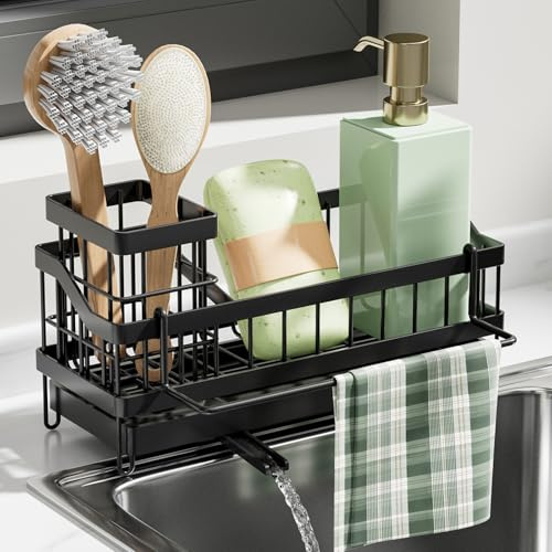 MainPi Kitchen Sink Caddy Organiser With Self-Drain Tray, Sponge Holder, Towel Hanger, Brush Holder and Washing up Tidy