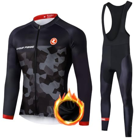 UGLY FROG 2024 Fahrradbekleidung Set, Herren Langarm Radsportanzüge Radtrikot Kleidung Langärmeliges Fahrradtrikot mit Thermofleecefutter Radhose mit Sitzpolster Winter