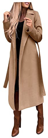 Wintermantel Damen Lang V-Ausschnitt Revers Übergangsmantel Winddicht Warm Wollmantel mit Gürtel Winter Damenmantel Einfarbige Große Größen Winterjacke Elegant Trenchcoat Outdoorjacke mit Taschen