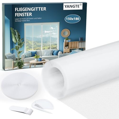 YANGTE Fliegengitter für Fenster-150 x 180 cm Weiß Insektenschutz Fenster mit Gesteigerte höherer Klebkraft Klettband, Fliegengitter Fenster ohne Bohren, Fliegennetz & Mückennetz für Fenster