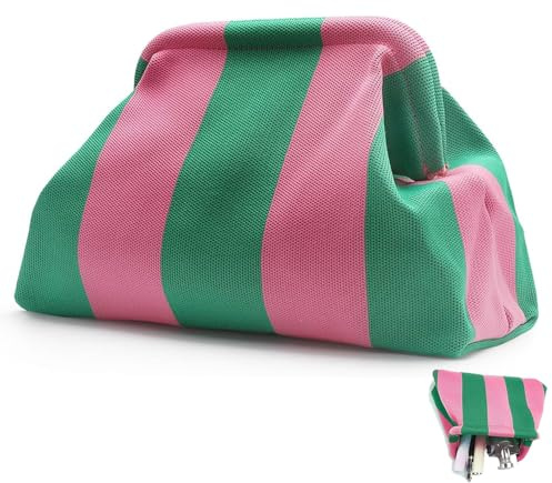 Clutch Rosa, Gestreifte Tasche , Make up Tasche Klein, Rosa und grün gestreifte Kosmetiktasche, Polyester-Material, weich und bequem, für die Aufbewahrung von Kosmetika, tägliche Anpassung(30×19×10cm)