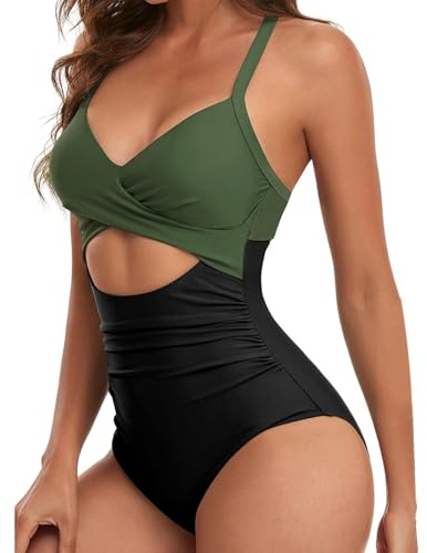 JSTHHTT Maillot de Bain Femme 1 Pièces Sexy Col en V Gainant Ventre Plat Maillots de Bain Réglable Push Up Rembourré Froncé Monokinis, Maillot de Bain Une Pièce pour Femme, Maillot de Bain 1 Piece