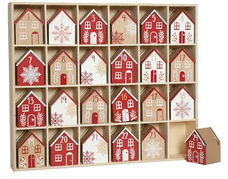 PE Weihnachts Adventskalender aus Holz mit 24 Kalenderhäuschen zum Befüllen mit kleinen Geschenken, Weihnachts-Tischdekoration