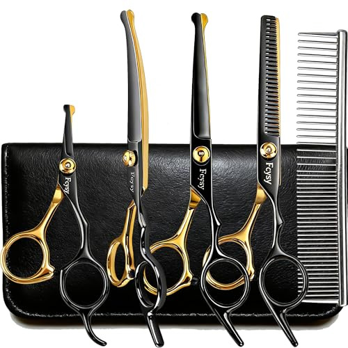 Dog Grooming Scissors Kit, Fcysy Professional Pet Shears for Cats at Home, Dog Grooming Tools with Curved & Straight Blades Scissors Thinning Shears Pet Supply Set