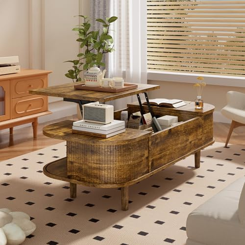 PURFINO Couchtisch mit Hebeplatte – Moderner Holztisch mit Einzigartiger Textur & Verstecktem Stauraum, Kaffeetisch für Wohnzimmer, Schlafzimmer, Kleine Räume, Home Office