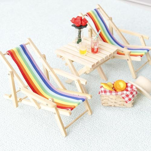 KARLOR mini beach chair decoration, 2 Pcs miniature rainbow Lounge chairs mini scene micro landscape decoration mini furniture garden miniature lounger cushion foldable (rainbow)