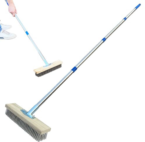 Escoba para exteriores, escoba resistente, cerdas rígidas, cepillo de alambre para patio, cepillo de limpieza de cubierta con mango largo, herramienta de limpieza al aire libre para malas hierbas