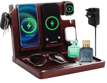 Desk Organiser with 4 Wireless Charger for Dual iPhones,Apple Watch,Earbuds,27W Phone and Watch Charger Stand,Wood Phone Docking Station Valet Tray,Gifts for Men Dad Mom
