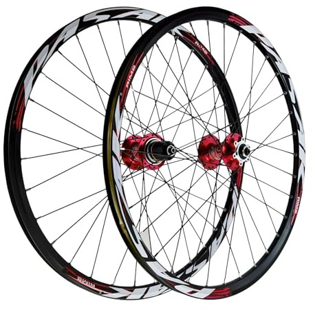 AuroraXQ Hjulset för Mountainbike 26 27,5 29 Tum, Dubbelväggig Fälg, HG-nav, Aluminiumlegering Snabbkoppling Skivbroms MTB Fram-/bakhjulskompatibilitet 7-12-växlad och 1,25~2,25 Däck(Röd,29 tum)