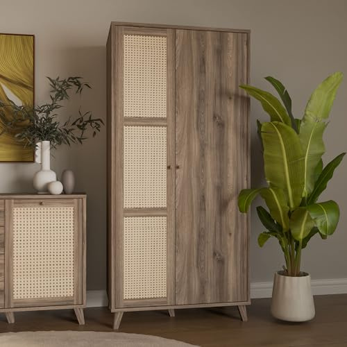 Forte GLENKEEN Kleiderschrank 100, Kleiderschrank im Boho-Stil mit 2 Türen, Holzwerkstoff, Valencia Eiche Holzdekor | Naturrattan, 94,8 cm breit x 199,2 cm hoch x 56 cm tief