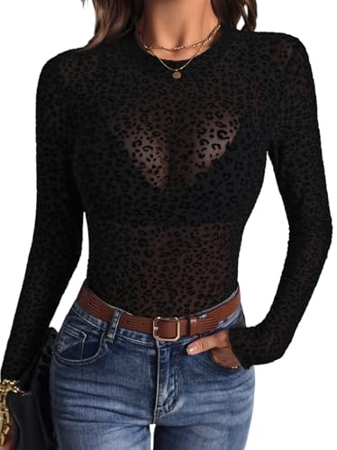 GORGLITTER Mesh Oberteil Damen Elegant Durchsichtiges T-Shirt mit Leopardenmuster Rundhals Langarmshirt Netzoberteil Herbst Outfit Tops Festival Outfit Schwarz M