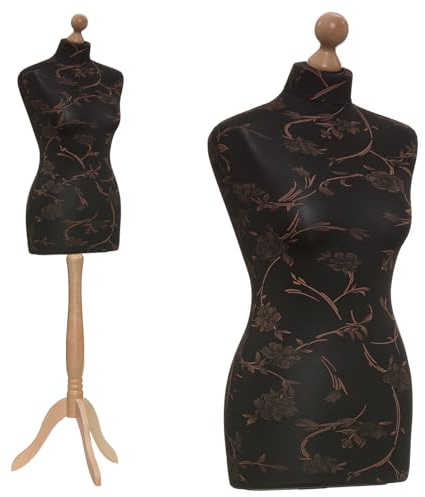 DummyDoll Schneiderpuppe weiblich in Größe 40/42, Überzug schwarz braune Blumen, Holzdreibein Buche