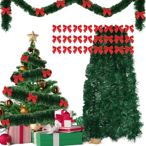 AN-WATTY Ghirlanda Natalizia 10m + 24pz Fiocchi Natale Rossi, Ghirlanda per Porta e Scale, Ghirlande Natalizie, Decorazioni Natalizie e Albero di Natale