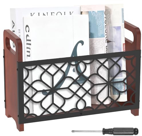 QINGLANG Magazine Rack with Handles Wooden Newspaper File Holder Organizer Bookshelf Magazine Rack Storage Basket for Living Room, Bedroom, Study, Home, Office, Entryway(Geometric model)