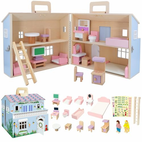 SIMPLIPLAY Wooden Dollhouse, DIY Portable Pretend Play Doll House Set | 4 Rooms, 13 Furnitures, 2 Dolls, 3 Sticker with 2 Styles, Enhance Creativity, Doll House for Kids Toddler Christmas Birthday
