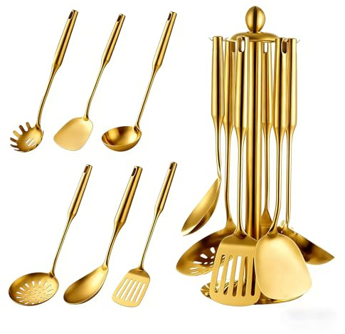 Buyer Star Kitchen Utensil Set-7 Pieces Stainless Steel Cooking Utensils with Utensil Holder, Non-Scratch & Heat Resistant Cookware Tool, Stainless Steel Kitchen Utensils(Gold)
