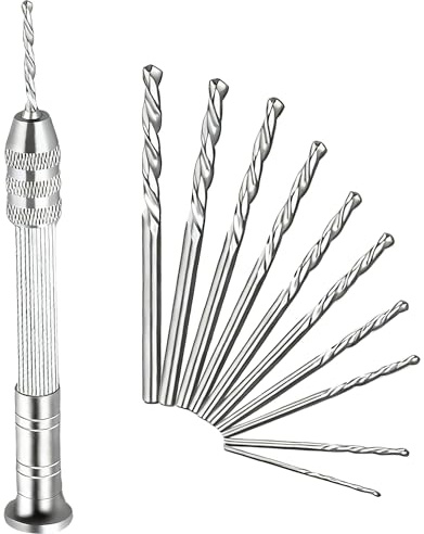 Xiciki Taladro de mano, tornillo de banco de precisión con 10 brocas HSS (0.8-3.0 mm), mini taladro manual de precisión para hacer joyas, manualidades de resina y construcción de modelos (plateado)