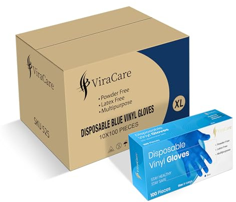 ViraCare 1000 x Blue Vinyl Gloves X-Large, Latex Free, Powder Free | Strong, Non-Sterile, Blue Gloves Disposable, 10 Packs of 100