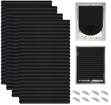4pack Temporary No Drill Blinds, Stick on Blinds for Windows, Easy to Cut and Fit Self with Clips, Temporary Blind for Kitchens Bathrooms Bedrooms Terraces, Non-Woven Fabric, Black, 60W x 150H cm